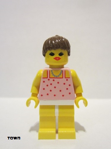 lego 1992 mini figurine par017 Citizen Red Dots on Pink Shirt - Yellow Legs, Brown Ponytail Hair, Open Mouth 