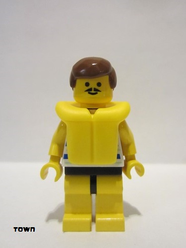 lego 1992 mini figurine par025 Citizen Horizontal Blue and Light Green Stripes, Yellow Legs, Brown Male Hair, Life Jacket 