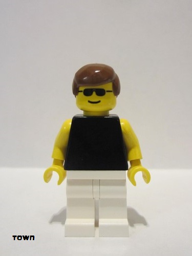 lego 1992 mini figurine par035 Citizen Plain Black Torso with Yellow Arms, White Legs, Sunglasses, Brown Male Hair 