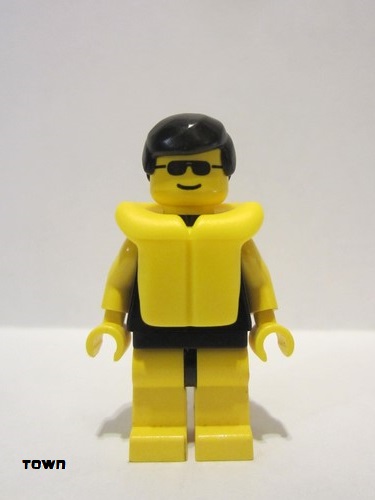 lego 1992 mini figurine par036 Citizen Plain Black Torso with Yellow Arms, Yellow Legs, Sunglasses, Black Male Hair, Life Jacket 
