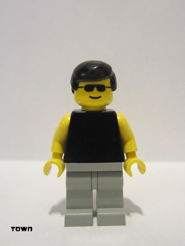 lego 1992 mini figurine pln013 Citizen Plain Black Torso with Yellow Arms, Light Gray Legs, Sunglasses, Black Male Hair 