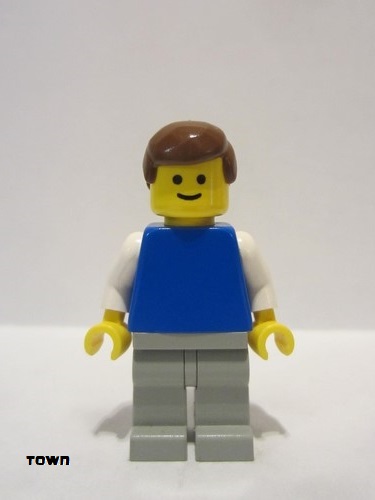 lego 1992 mini figurine pln081 Citizen Plain Blue Torso with White Arms, Light Gray Legs, Brown Male Hair 