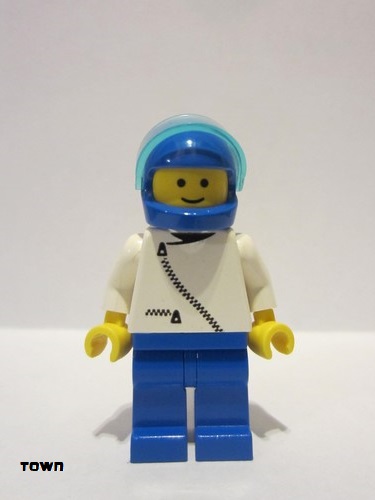 lego 1992 mini figurine zip011 Citizen Jacket with Zipper - White, Blue Legs, Blue Helmet, Trans-Light Blue Visor 