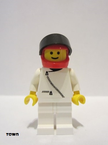 lego 1992 mini figurine zip012 Citizen Jacket with Zipper - White, White Legs, Red Helmet, Black Visor 