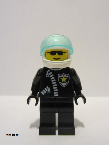 lego 1993 mini figurine cop005 Police Zipper with Sheriff Star, White Helmet, Trans-Light Blue Visor, Sunglasses 