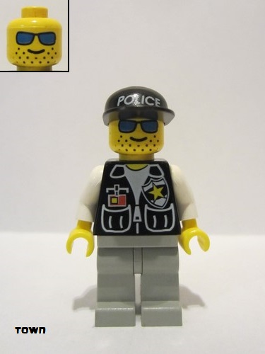 lego 1993 mini figurine cop008 Police Sheriff Star and 2 Pockets, Light Gray Legs, White Arms, Black Cap with Police Pattern 