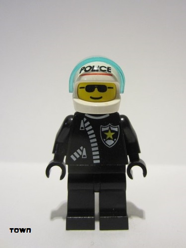 lego 1993 mini figurine cop010 Police Zipper with Sheriff Star, White Helmet with Police Pattern, Trans-Light Blue Visor 