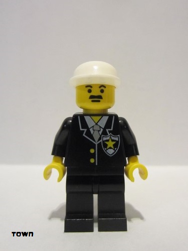 lego 1993 mini figurine cop051 Police Suit with Sheriff Star, Black Legs, White Cap 