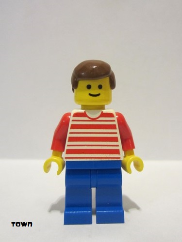 lego 1993 mini figurine hor028 Citizen Horizontal Lines Red - Red Arms - Blue Legs, Brown Male Hair 
