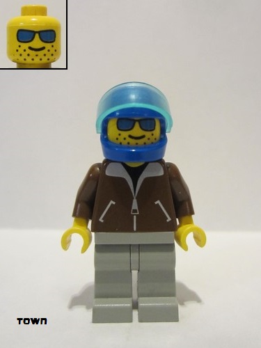 lego 1993 mini figurine jbr003 Citizen Jacket Brown - Light Gray Legs, Blue Helmet, Trans-Light Blue Visor 