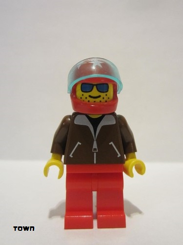 lego 1993 mini figurine jbr007 Citizen Jacket Brown - Red Legs, Red Helmet 7 White Stars, Trans-Light Blue Visor, Blue Sunglasses 