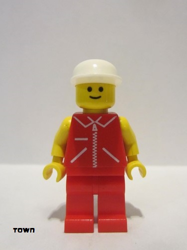 lego 1993 mini figurine jred002 Citizen Jacket Red with Zipper - Yellow Arms - Red Legs, White Cap 