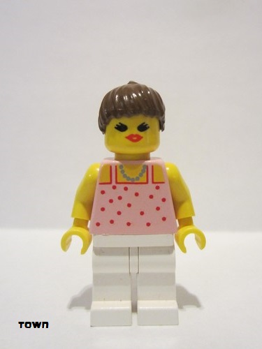 lego 1993 mini figurine par016 Citizen Red Dots on Pink Shirt - White Legs, Brown Ponytail Hair 