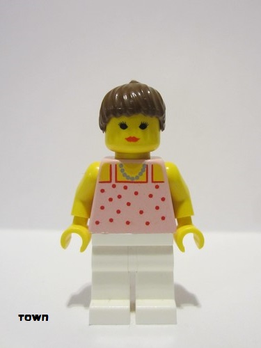 lego 1993 mini figurine par016a Citizen Red Dots on Pink Shirt - White Legs, Brown Ponytail Hair, Closed Mouth 