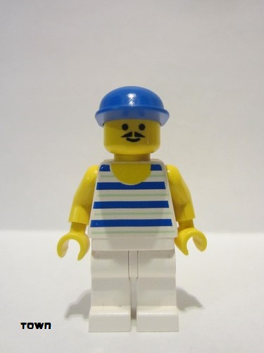 lego 1993 mini figurine par044 Citizen Horizontal Blue and Light Green Stripes, White Legs, Blue Cap 