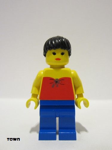 lego 1993 mini figurine par050a Citizen Red Halter Top - Blue Legs, Black Ponytail Hair, Closed Mouth 