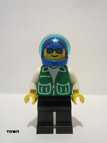 lego 1993 mini figurine pck005 Citizen Jacket Green with 2 Large Pockets - Black Legs, Blue Helmet 4 Stars & Stripes, Trans-Light Blue Visor 