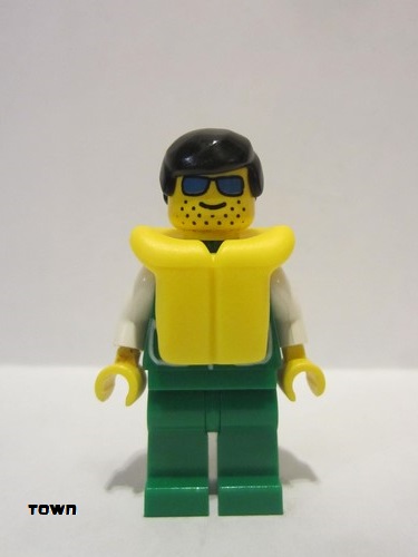 lego 1993 mini figurine pck016 Citizen Jacket Green with 2 Large Pockets - Green Legs, Black Male Hair, Life Jacket 