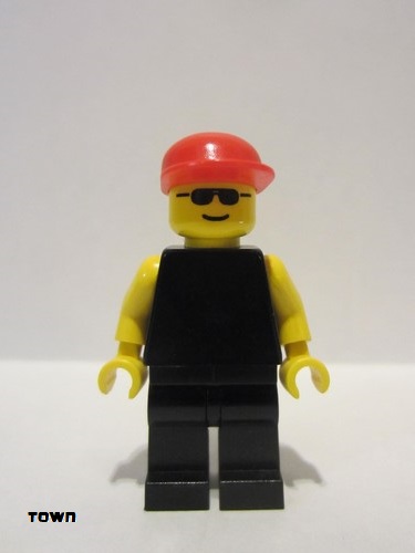lego 1993 mini figurine pln005 Citizen Plain Black Torso with Yellow Arms, Black Legs, Sunglasses, Red Cap 