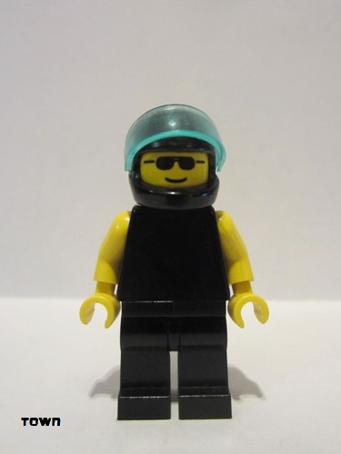 lego 1993 mini figurine pln011 Citizen Plain Black Torso with Yellow Arms, Black Legs, Sunglasses, Black Helmet, Trans-Light Blue Visor 