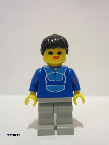 lego 1993 mini figurine twn007 Citizen Jogging Suit, Light Gray Legs, Black Ponytail Hair, Open Mouth 