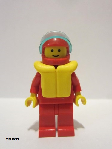 lego 1993 mini figurine zip022 Citizen Jacket with Zipper - Red, Red Legs, Red Helmet, Trans-Light Blue Visor, Life Jacket 