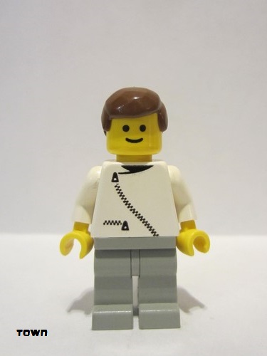 lego 1993 mini figurine zip029 Citizen Jacket with Zipper - White, Light Gray Legs, Brown Male Hair 