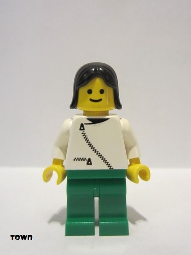lego 1993 mini figurine zip036 Citizen Jacket with Zipper - White, Green Legs, Black Female Hair 