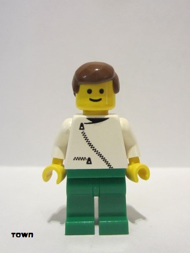 lego 1993 mini figurine zip046 Citizen Jacket with Zipper - White, Green Legs, Brown Male Hair 