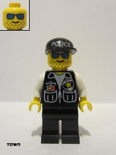 lego 1994 mini figurine cop009 Police Sheriff Star and 2 Pockets, Black Legs, White Arms, Black Cap with Police Pattern 