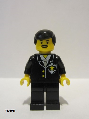 lego 1994 mini figurine cop011 Police Suit with Sheriff Star, Black Legs, Black Male Hair 