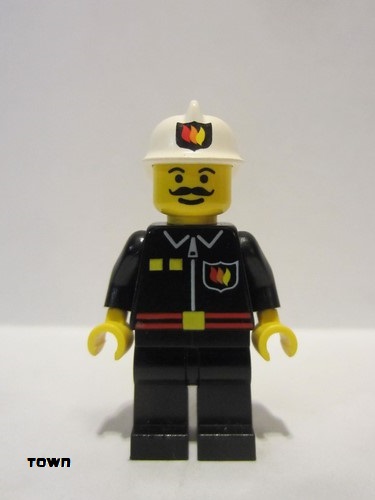 lego 1994 mini figurine firec009 Fire Flame Badge and 2 Buttons, Black Legs, White Fire Helmet with Fire Logo 