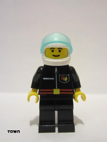 lego 1994 mini figurine firec010 Fire Flame Badge and Straight Line, Black Legs, White Helmet, Trans-Light Blue Visor 