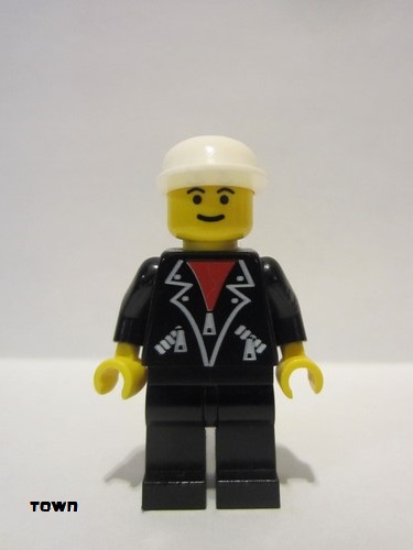 lego 1994 mini figurine lea002 Citizen Leather Jacket with Zippers - Black Legs, White Cap 