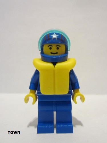 lego 1994 mini figurine oct037a Octan Blue Oil, Blue Legs, Life Jacket, Blue Helmet 4 Stars & Stripes, Trans-Light Blue Visor 