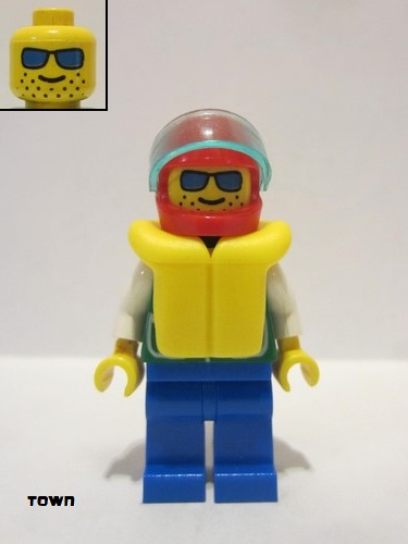 lego 1994 mini figurine pck009 Citizen Jacket Green with 2 Large Pockets - Blue Legs, Sunglasses, Red Helmet, Trans-Light Blue Visor, Life Jacket 