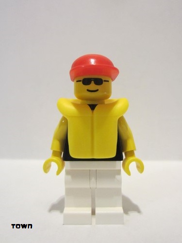 lego 1994 mini figurine pln008 Citizen Plain Black Torso with Yellow Arms, White Legs, Sunglasses, Red Cap, Life Jacket 