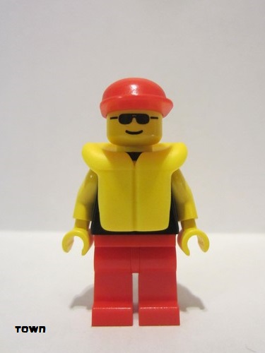 lego 1994 mini figurine pln065 Citizen Plain Black Torso with Yellow Arms, Red Legs, Sunglasses, Red Cap, Life Jacket 