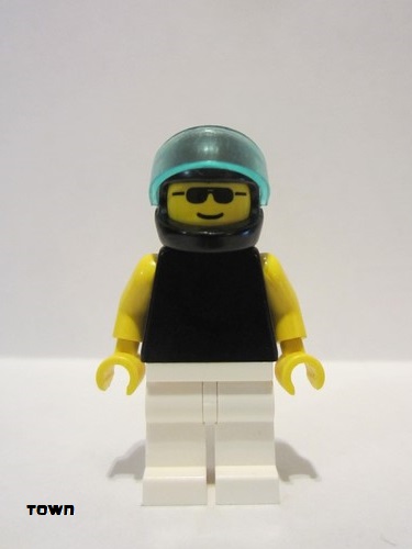 lego 1994 mini figurine pln080 Citizen Plain Black Torso with Yellow Arms, White Legs, Sunglasses, Black Helmet, Trans-Light Blue Visor 