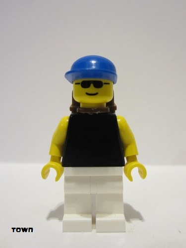 lego 1994 mini figurine pln195 Citizen Plain Black Torso with Yellow Arms and Hands, White Legs, Sunglasses, Blue Cap, Brown Backpack 