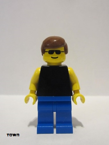 lego 1994 mini figurine trn034 Citizen Plain Black Torso with Yellow Arms, Blue Legs, Sunglasses, Brown Male Hair 
