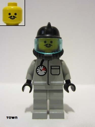 lego 1995 mini figurine firec011 Fire Air Gauge and Pocket, Light Gray Legs, Black Fire Helmet 
