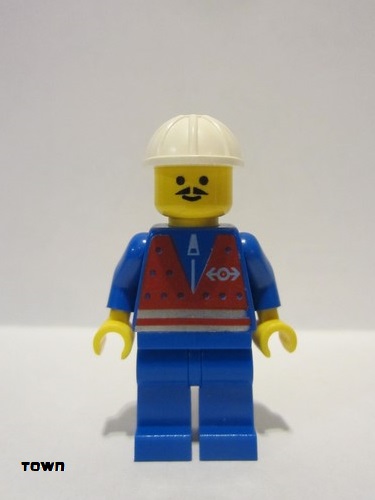 lego 1995 mini figurine trn054 Citizen Red Vest and Zipper - Blue Legs, White Construction Helmet, Moustache 