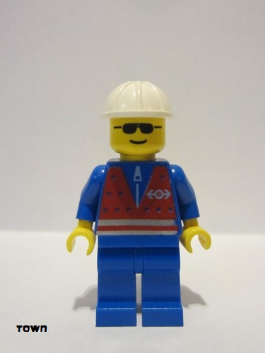 lego 1995 mini figurine trn057 Citizen Red Vest and Zipper - Blue Legs, White Construction Helmet, Sunglasses 