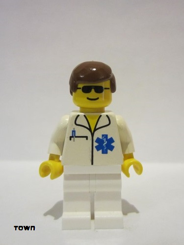 lego 1996 mini figurine doc014 Doctor EMT Star of Life, White Legs, Brown Male Hair, Sunglasses 