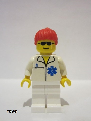 lego 1996 mini figurine doc015 Doctor EMT Star of Life, White Legs, Red Ponytail Hair 