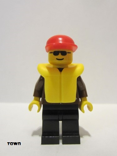 lego 1996 mini figurine jbr013 Citizen Jacket Brown - Black Legs, Red Cap, Black Sunglasses, Life Jacket 