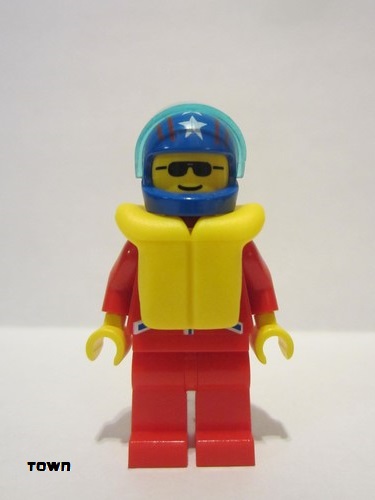 lego 1996 mini figurine jstr001 Citizen Jacket 2 Stars Red - Red Legs, Blue Helmet 4 Stars & Stripes, Trans-Light Blue Visor, Life Jacket 