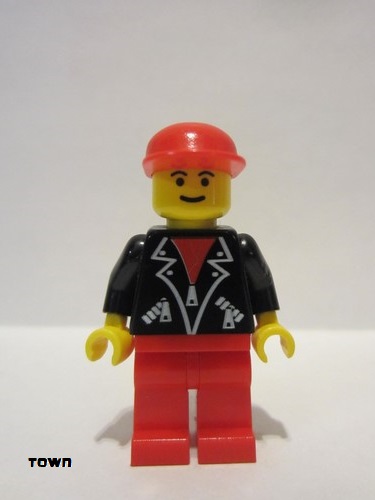 lego 1996 mini figurine lea003 Citizen Leather Jacket with Zippers - Red Legs, Red Cap, Eyebrows 