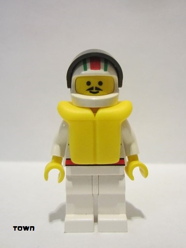 lego 1996 mini figurine oct007 Octan Race Team, White Legs, White Red/Green Striped Helmet, Black Visor, Life Jacket 